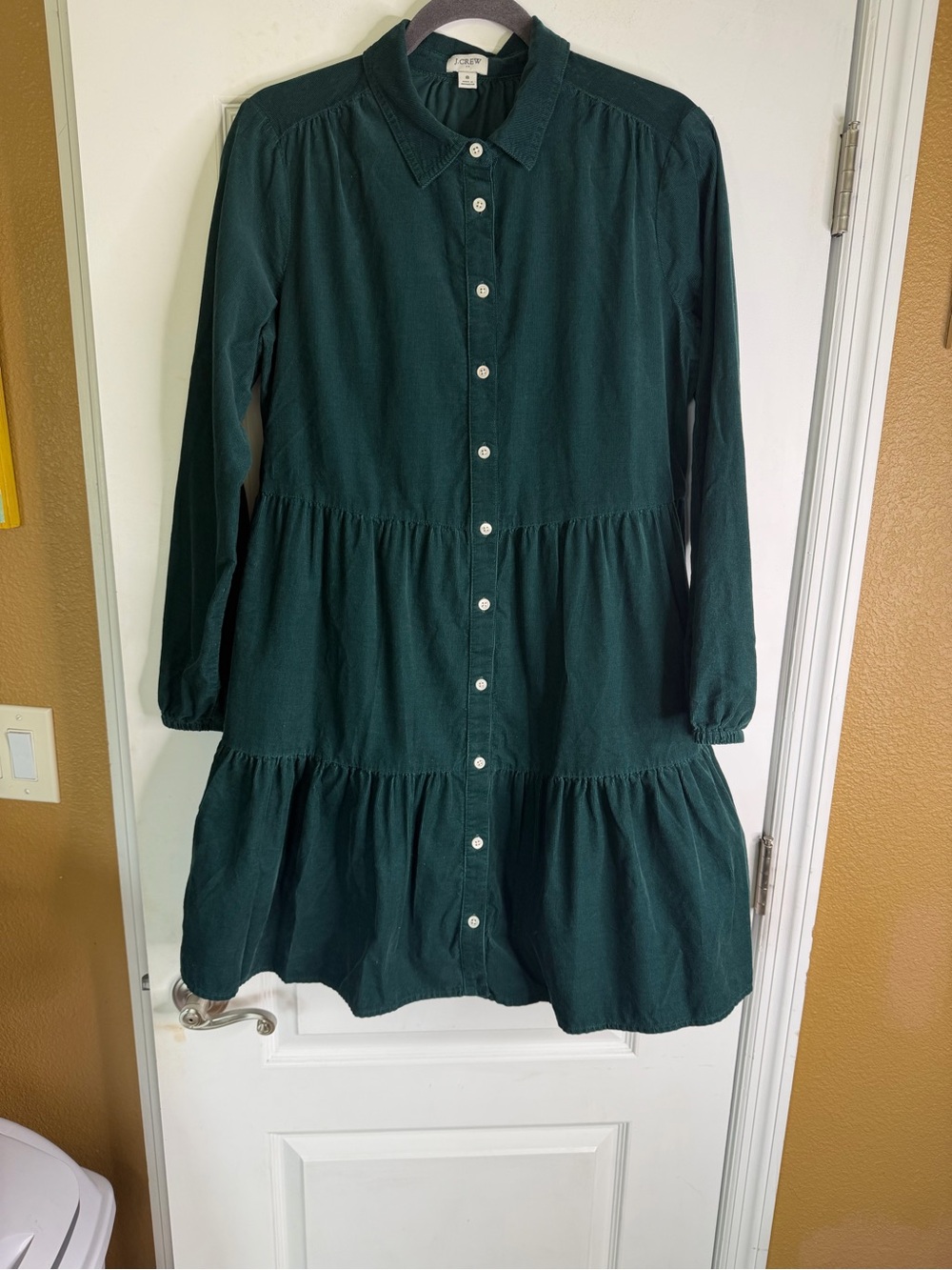 J. Crew Long Sleeve Dark Green Corduroy Tiered Button-Front Shirt Dress Size 8